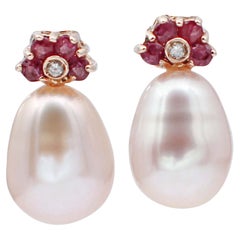 Rubies, Diamonds, Pink Pearls, 14 Karat Rose Gold Stud Earrings