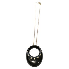 Small Ebony Oval Pendant with Hole, Diamonds and 18K Yellow Gold Chain