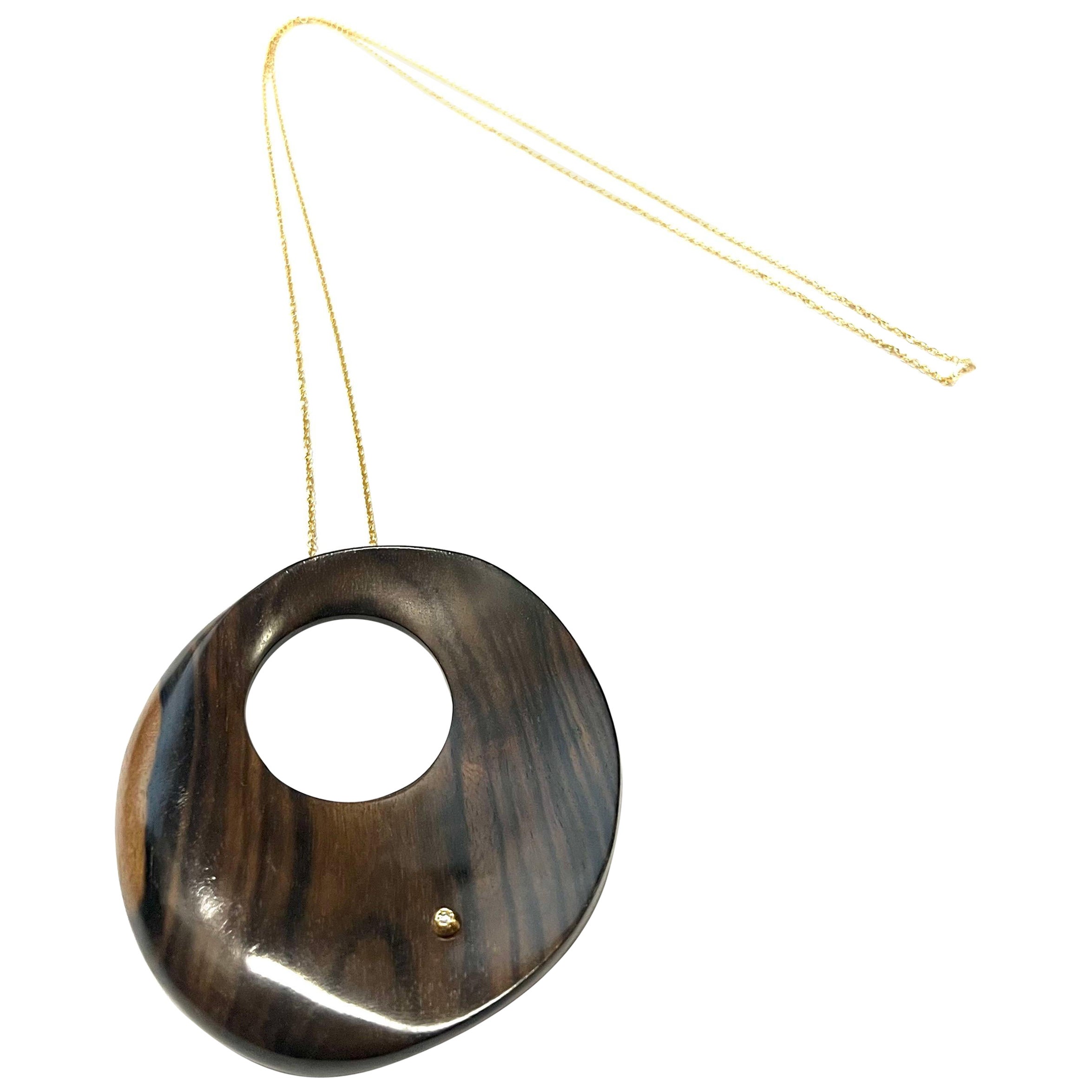 Big Round Rosewood Pendant with Hole and Diamond on 18K Yellow Gold Necklace For Sale