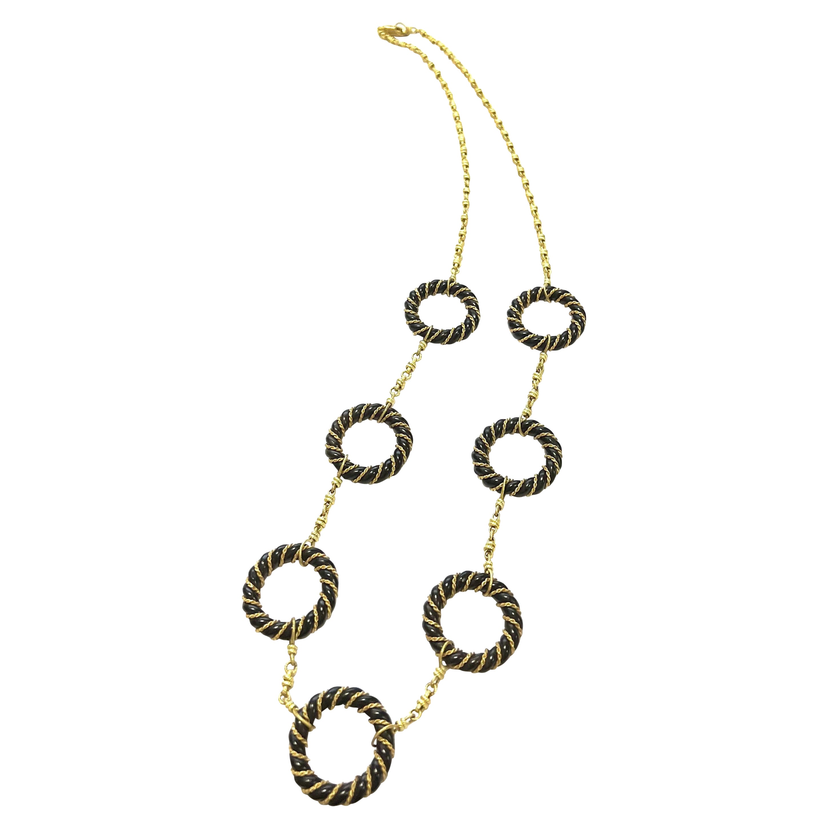 Elegant 18k Yellow Matt Gold Necklace with Ebony Links For Sale