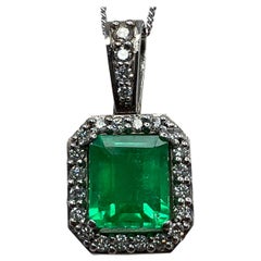 1.80ct GIA Certified Colombian Emerald & Diamond 18k White Gold Halo Pendant