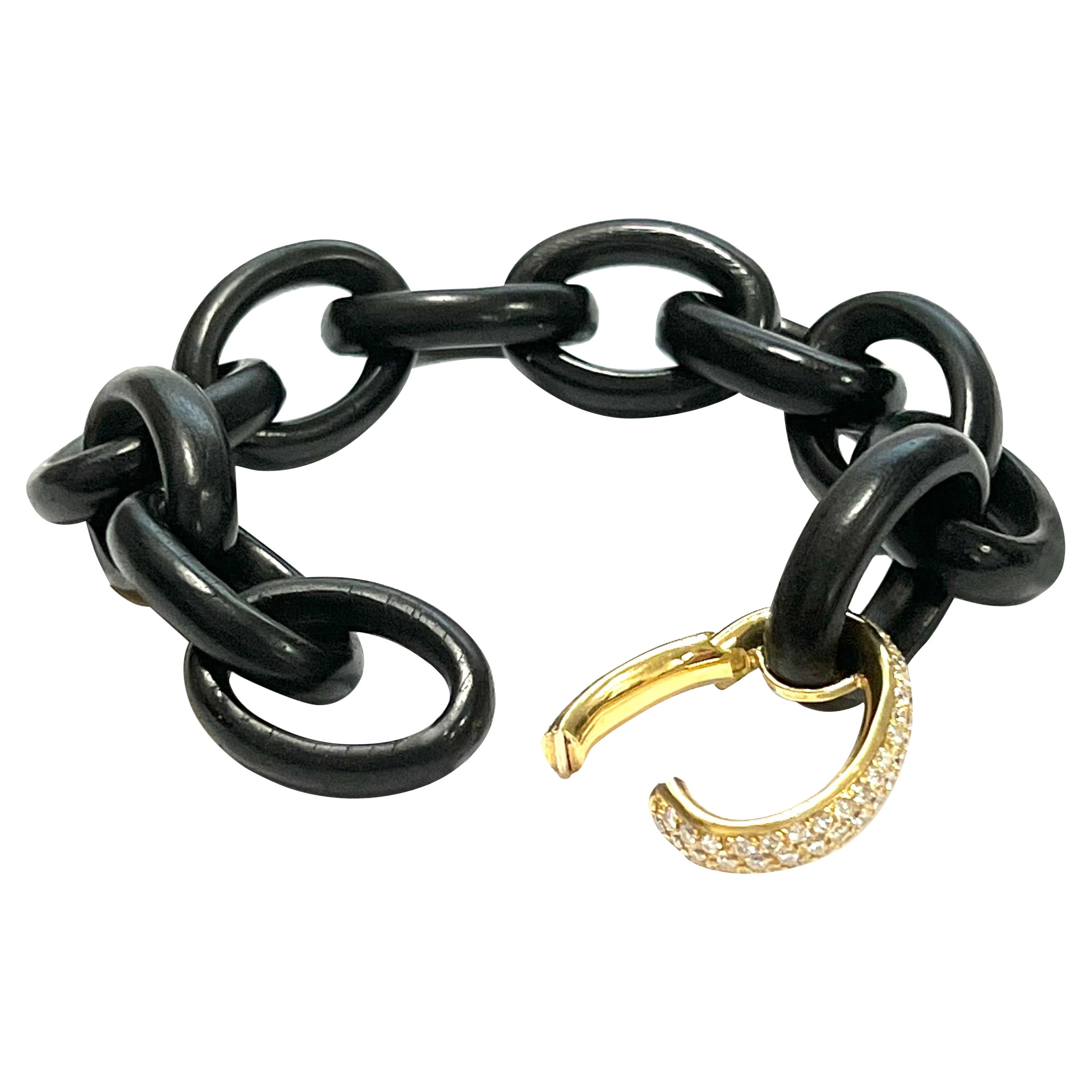 Bracelet in Ebony Links with 18k Yellow Gold and Diamond Clasp For Sale
