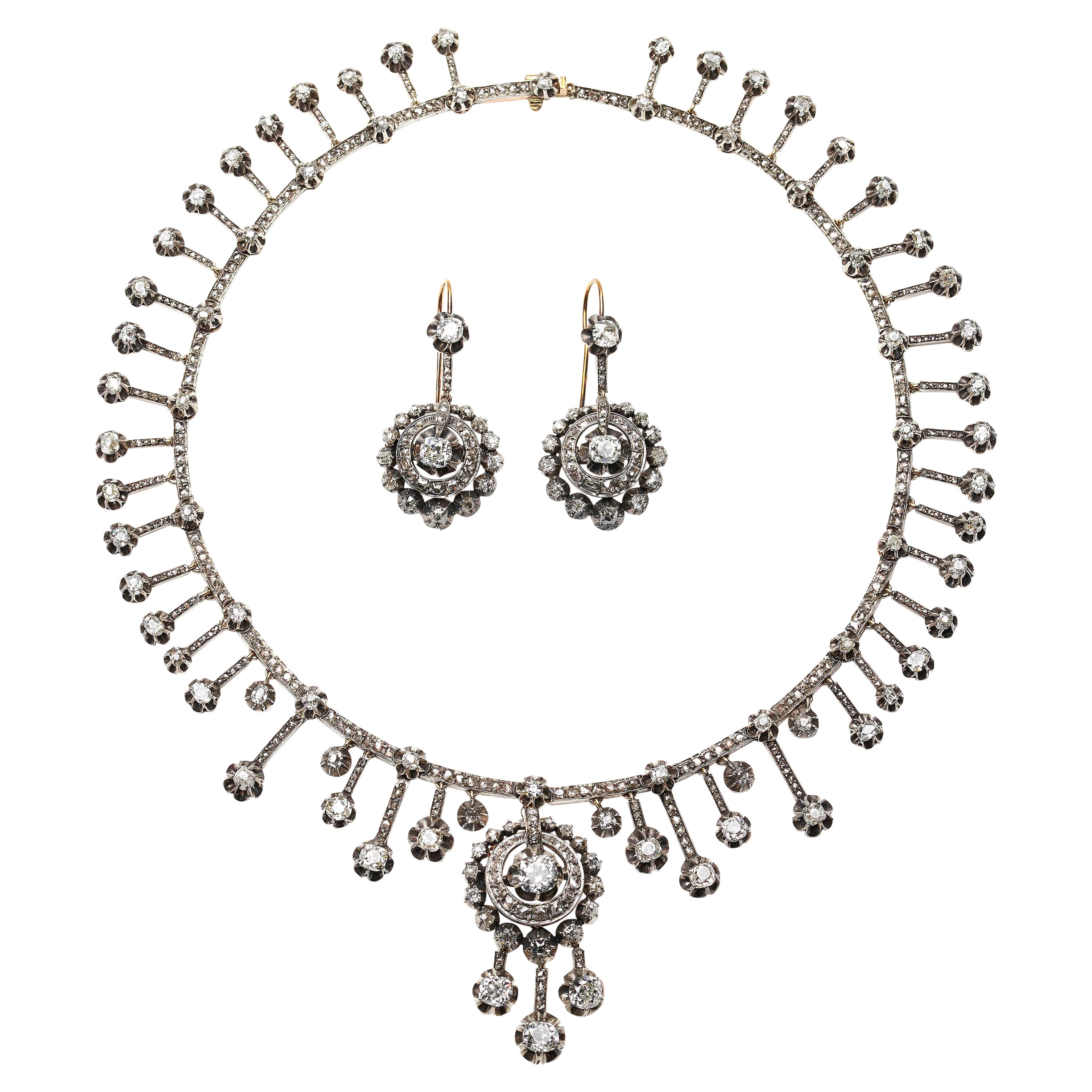 French Antique Fraumont Diamond, Silver Gold Necklace and Earrings Circa 1855