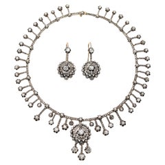 Antique Diamond Silver And Gold Necklace And Earrings Suite, Circa 1880
