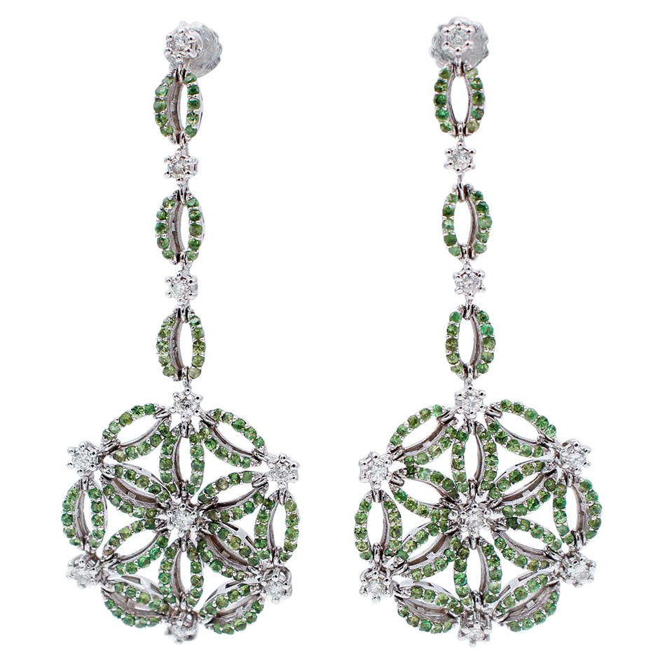 Tsavorites, Diamonds, 14 Karat White Gold Dangle Earrings