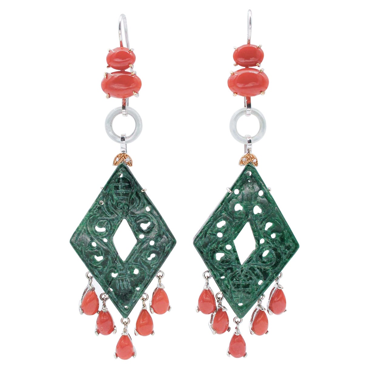 Corals, Green Stones, White Stones, Diamonds, 14 Kt White and Rose Gold Earrings