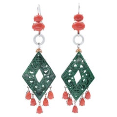 Retro Corals, Green Stones, White Stones, Diamonds, 14 Kt White and Rose Gold Earrings