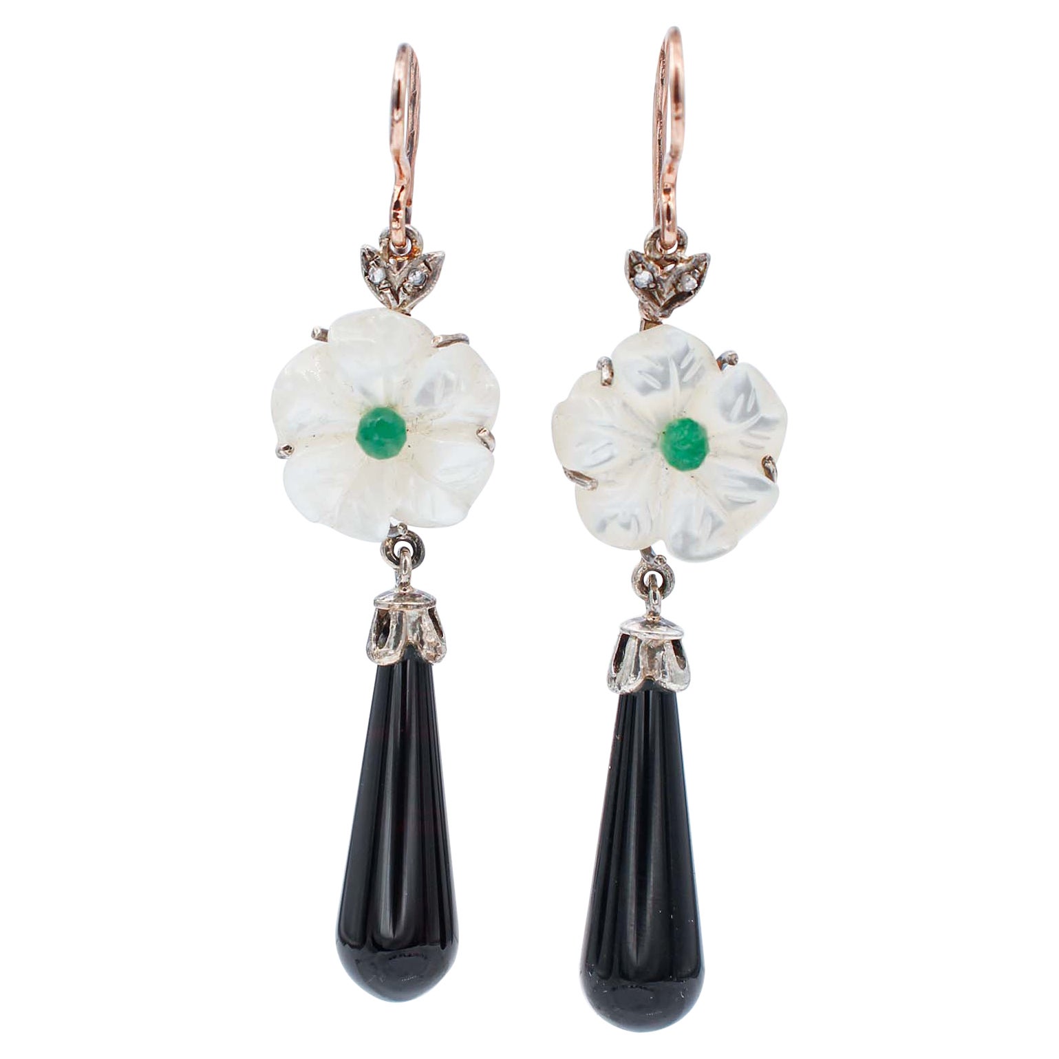 Emeralds, Diamonds, White Stones, Onyx, 9 Kt Rose Gold and Silver Dangle Earrings