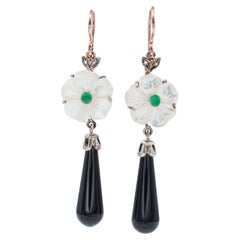 Emeralds, Diamonds, White Stones, Onyx, 9 Kt Rose Gold and Silver Dangle Earrings