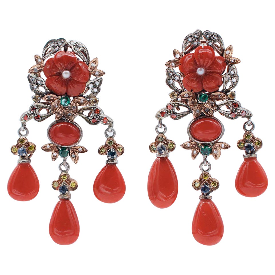 Coral, Diamonds, Emeralds, Sapphires, Pearls, 9 Karat Gold and Silver Earrings