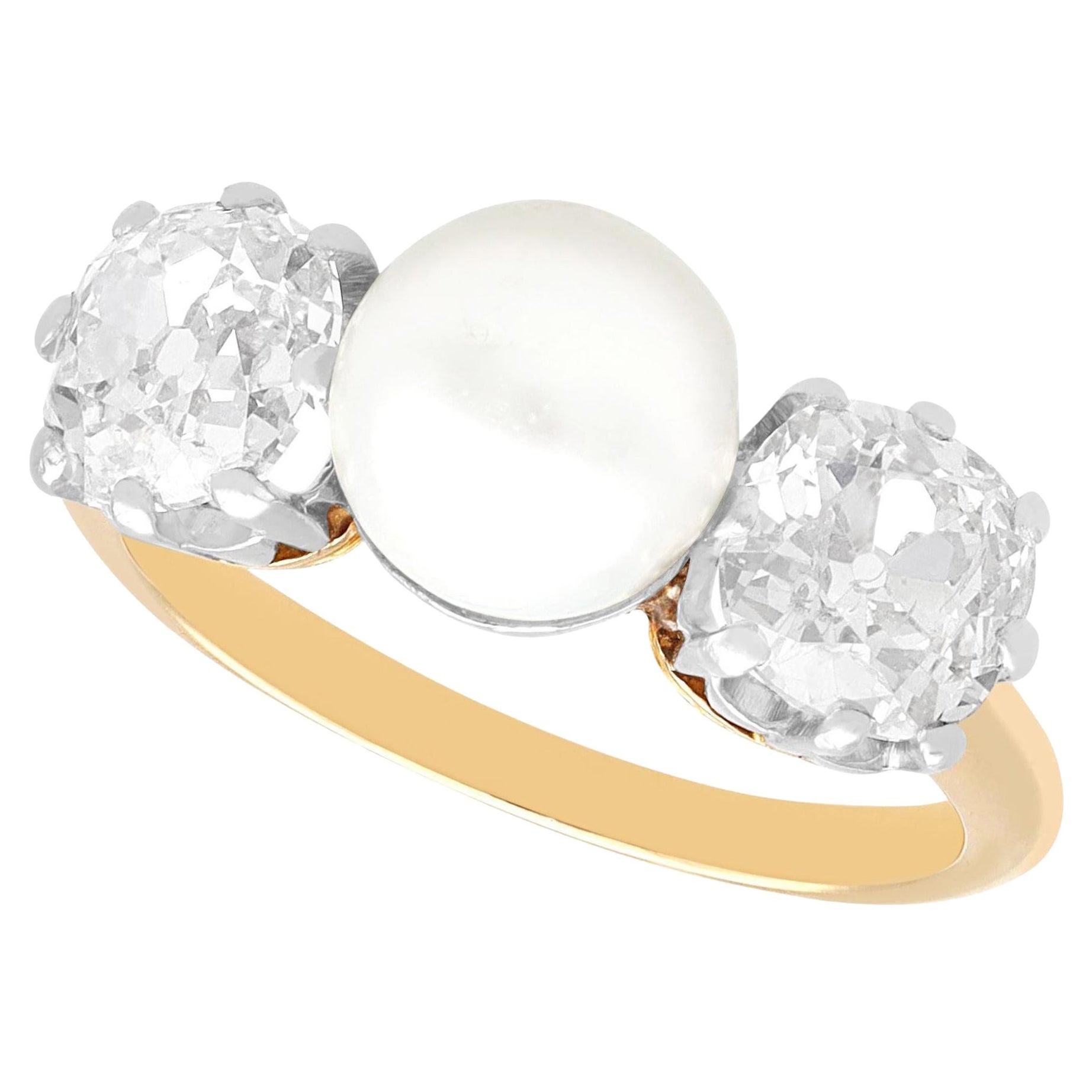 Antique 1.70 Carat Diamond and Natural Pearl Trilogy Ring in Yellow Gold For Sale