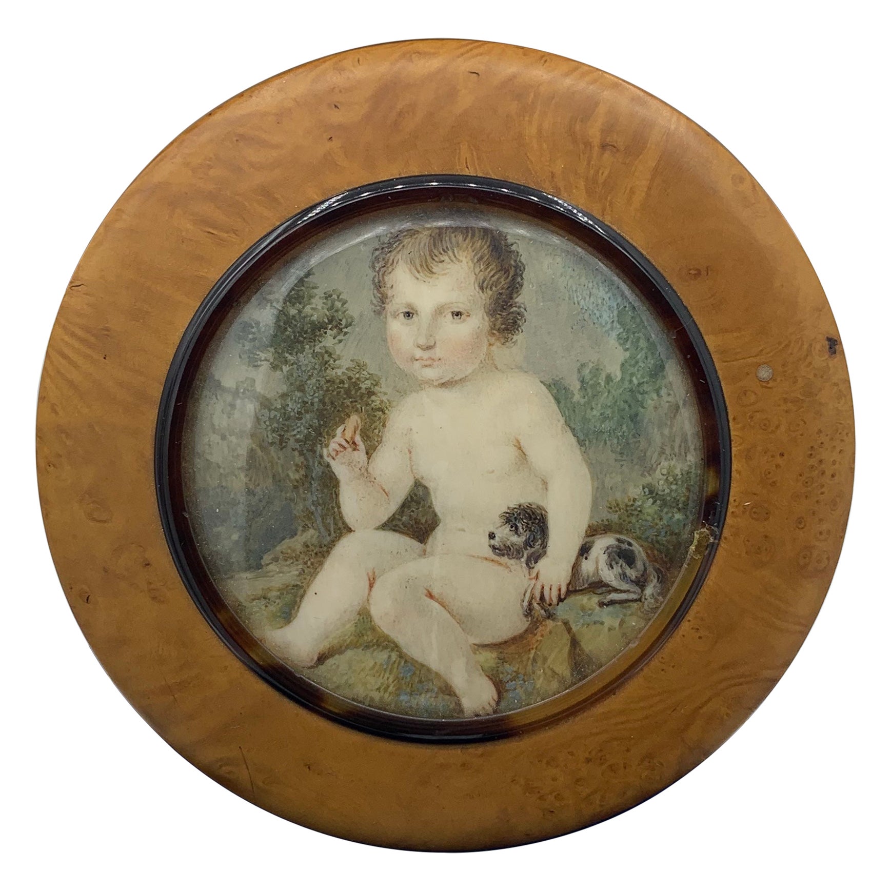 Portrait miniature d'enfant géorgien en forme de boîte avec chien coquelicot peint à la main - Antique