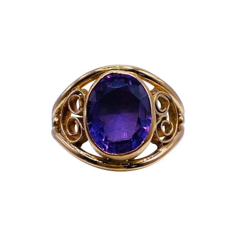 Bague Vintage En Or Et Améthyste - Bijou Ancien Occasion - Pierres Violettes