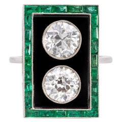 3.5 Carat Art Deco Twin Old European Diamond, Onyx and Emerald Ring