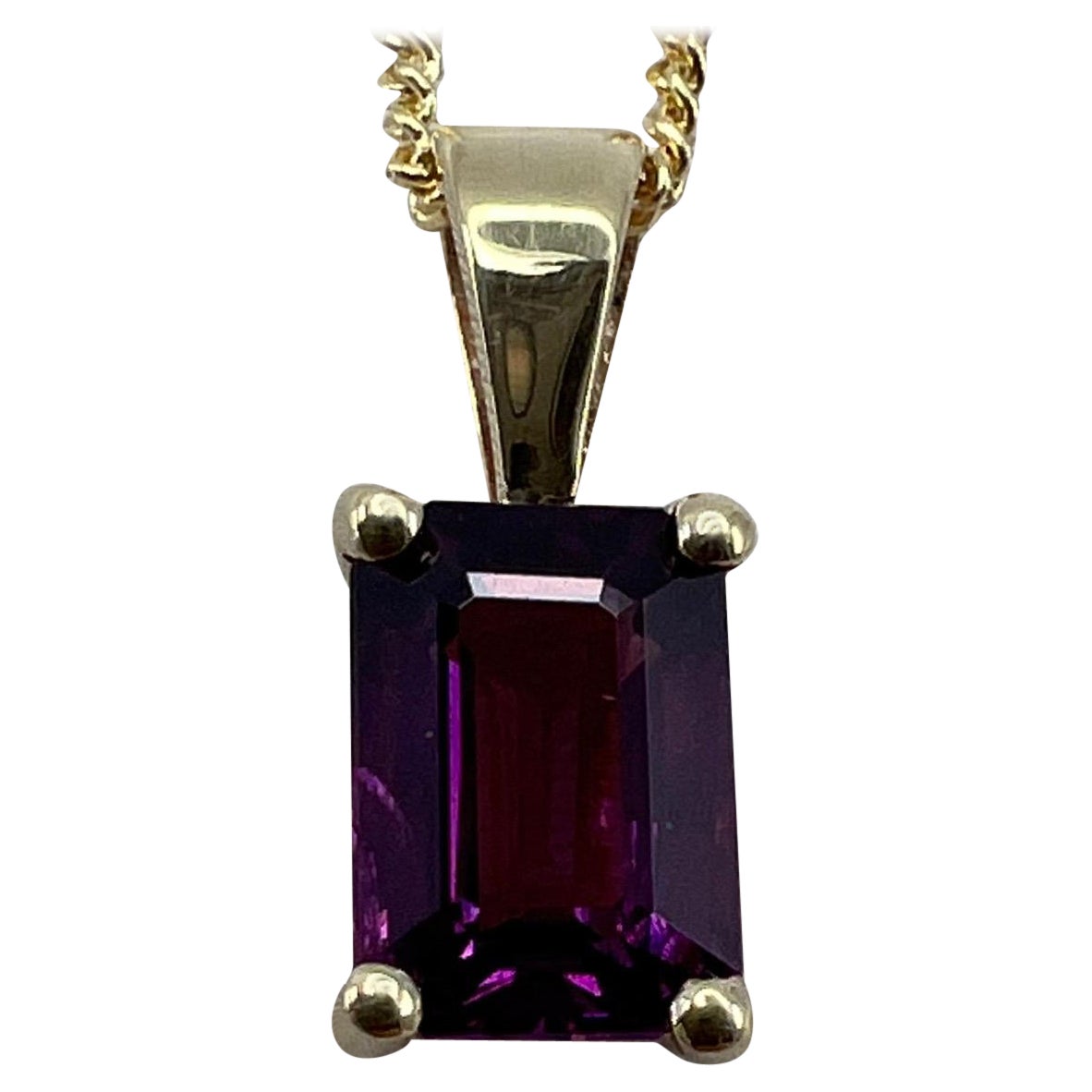 1.15 Carat Neon Purple Rhodolite Garnet 18k Yellow Gold Emerald Cut Pendant For Sale