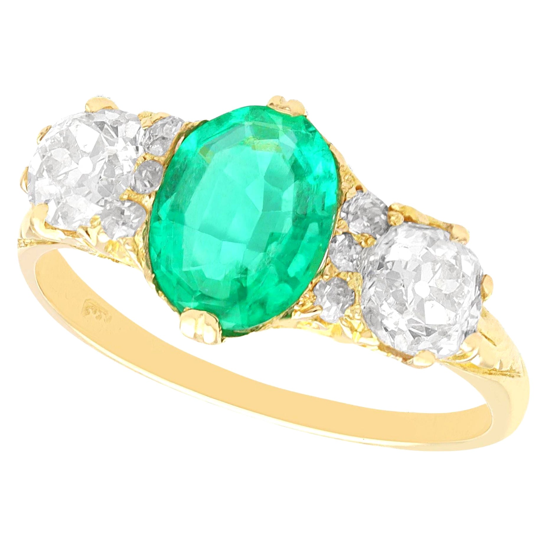 Antique 1.50 Carat Emerald and 2.64 Carat Diamond Yellow Gold Ring For Sale