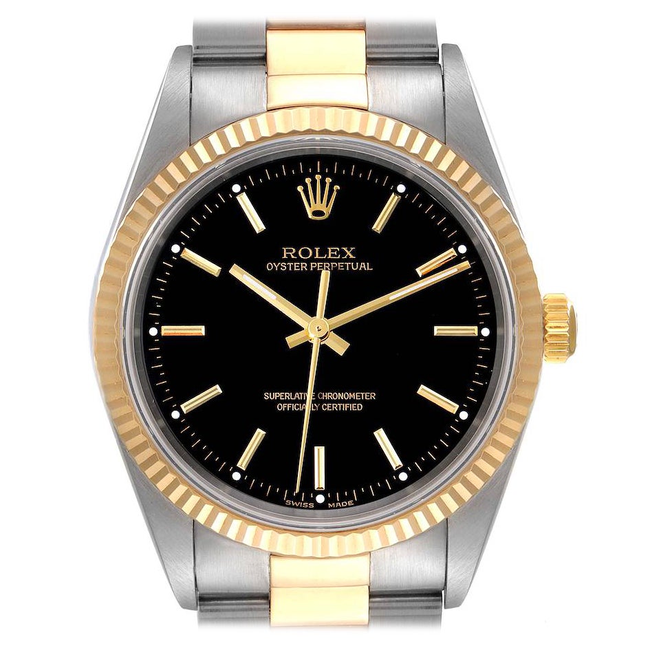 Rolex Oyster Perpetual Steel Yellow Gold Black Dial Mens Watch 14233