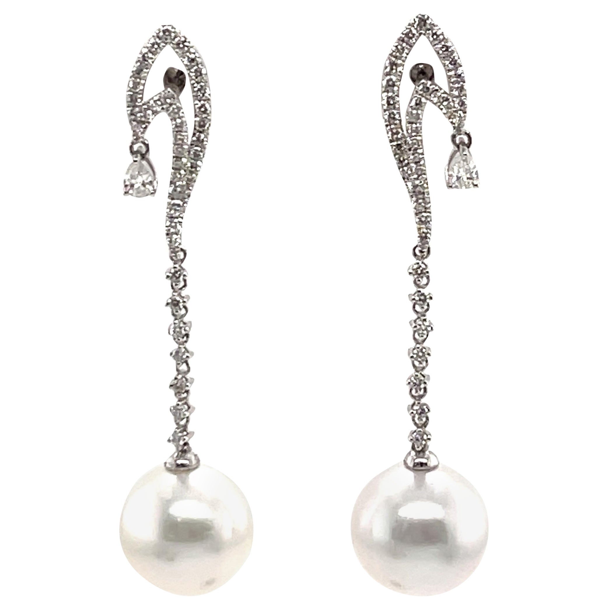 South Sea Pearls Diamond and Pear Diamond Dangle Drop Earrings For Sale