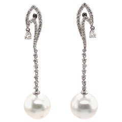 South Sea Pearls Diamond and Pear Diamond Dangle Drop Earrings