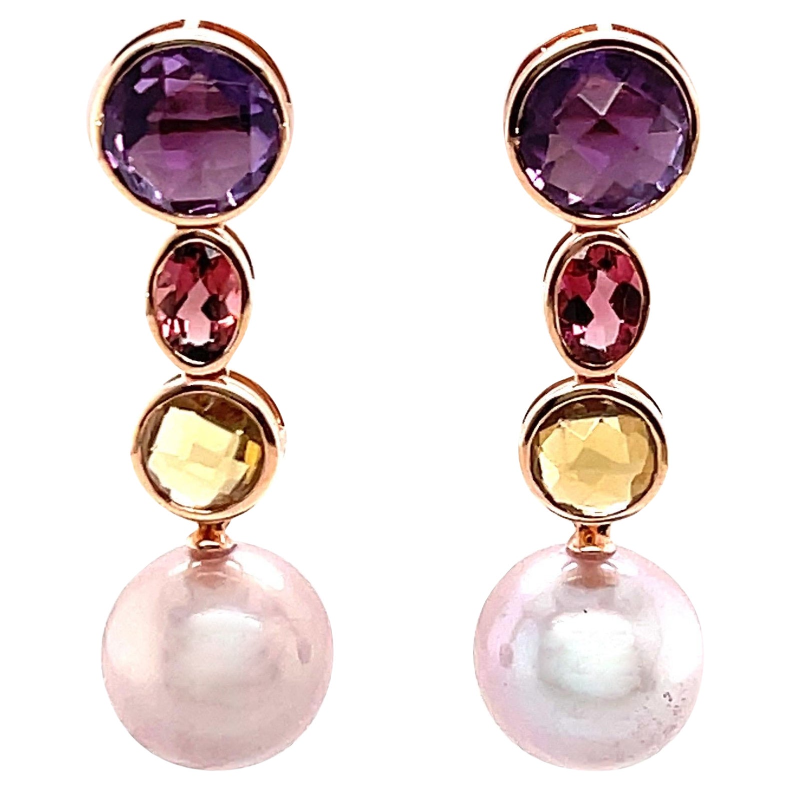 Multi Colored Gemstones Pink Freshwater Dangle Drop Earrings 18K Rose Gold For Sale