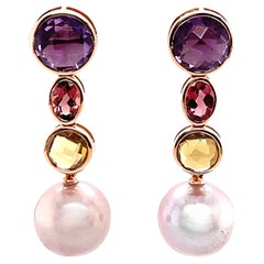Multi Colored Gemstones Pink Freshwater Dangle Drop Earrings 18K Rose Gold