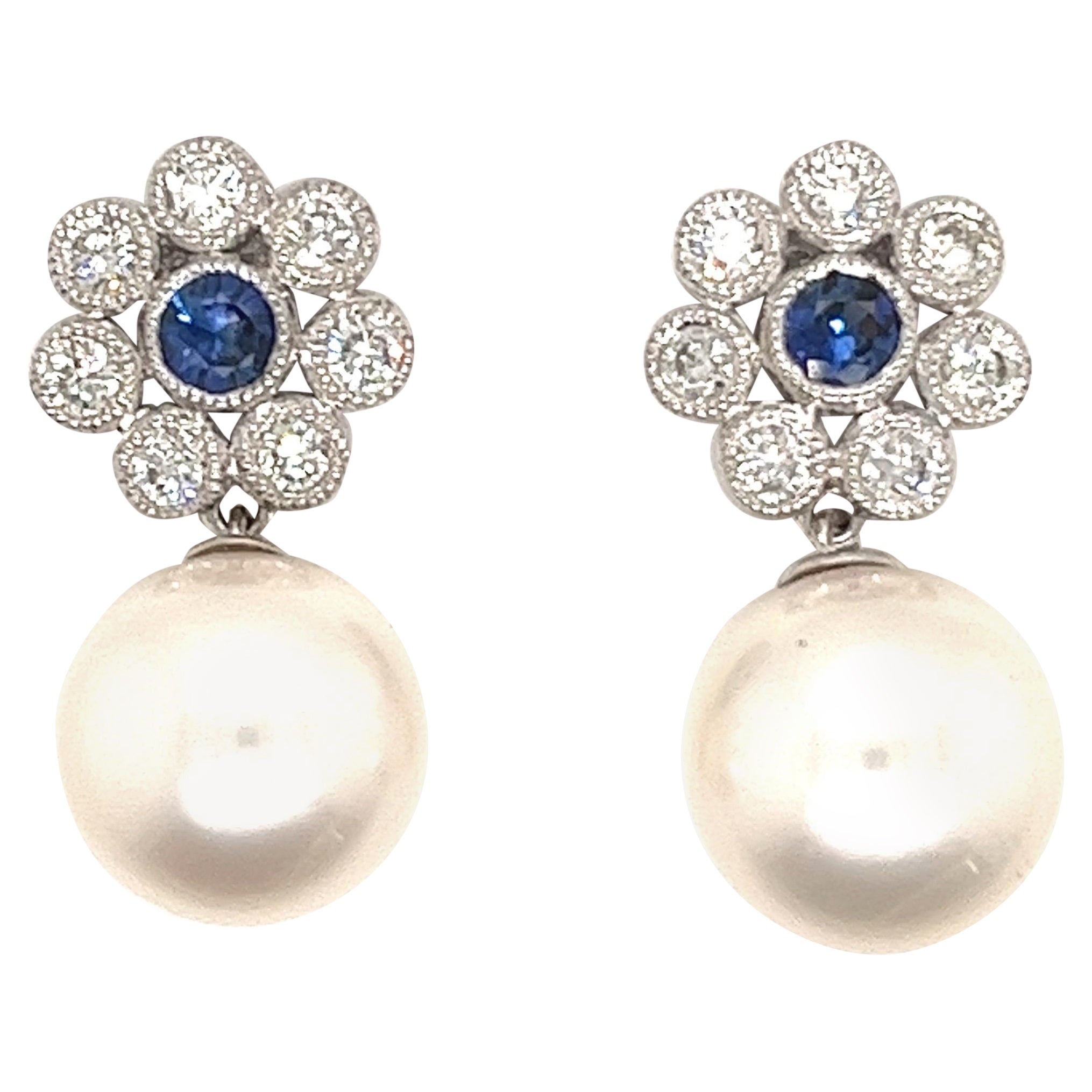 Diamond Sapphire Freshwater Pearl Drop Earrings 1.10 CTTW 14KT Gold 10-11 MM For Sale 1