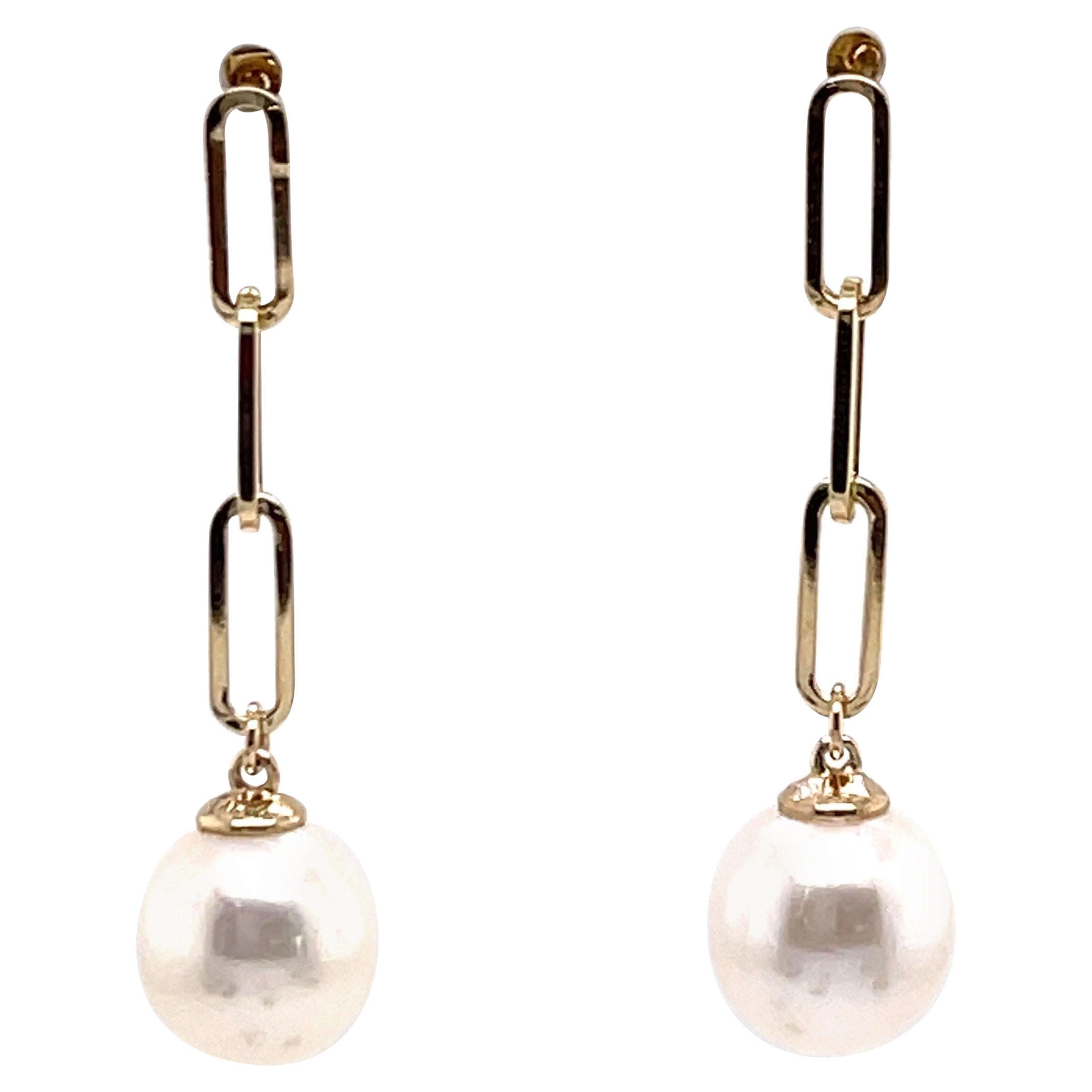 14 Karat Yellow Gold Paper Clip and Freshwater Pearl Earrings