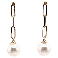 14 Karat Yellow Gold Paper Clip and Freshwater Pearl Earrings