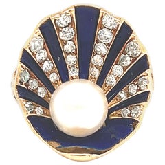 Bague cocktail Art Nouveau en émail, perles et diamants en forme de coquillage