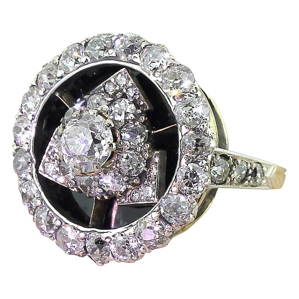 Art Deco 4.40 Carat Old Cut Diamond Onyx Gold Platinum Cluster Ring For Sale