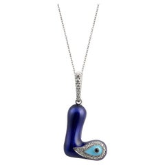 Evil Eye Diamond Necklace in Letter Form, 14k White Gold Enamel Initial Charm