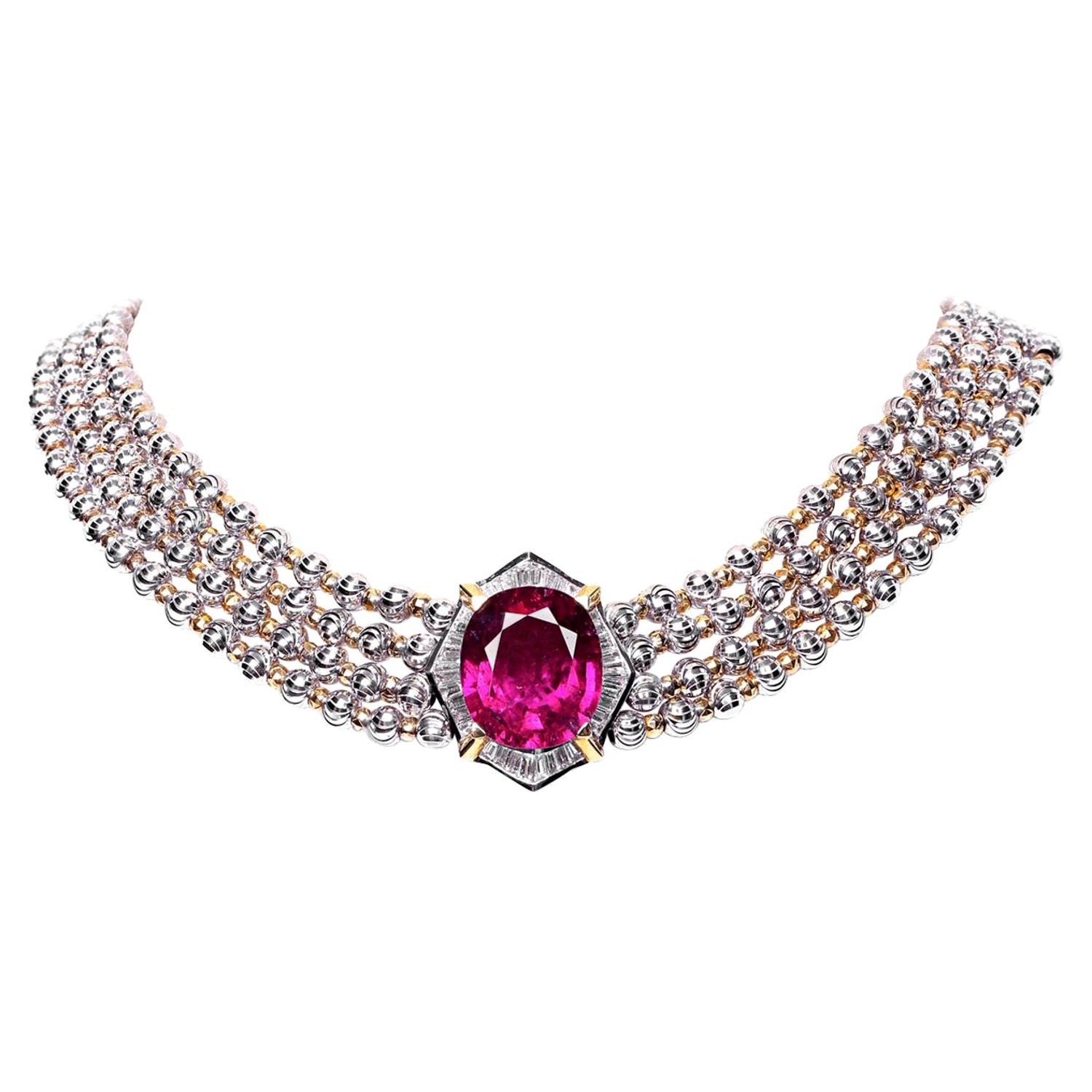 BOON 25 Carat Rubelite Baguette Diamond 18k White and Yellow Gold Choker  Necklace For Sale at 1stDibs