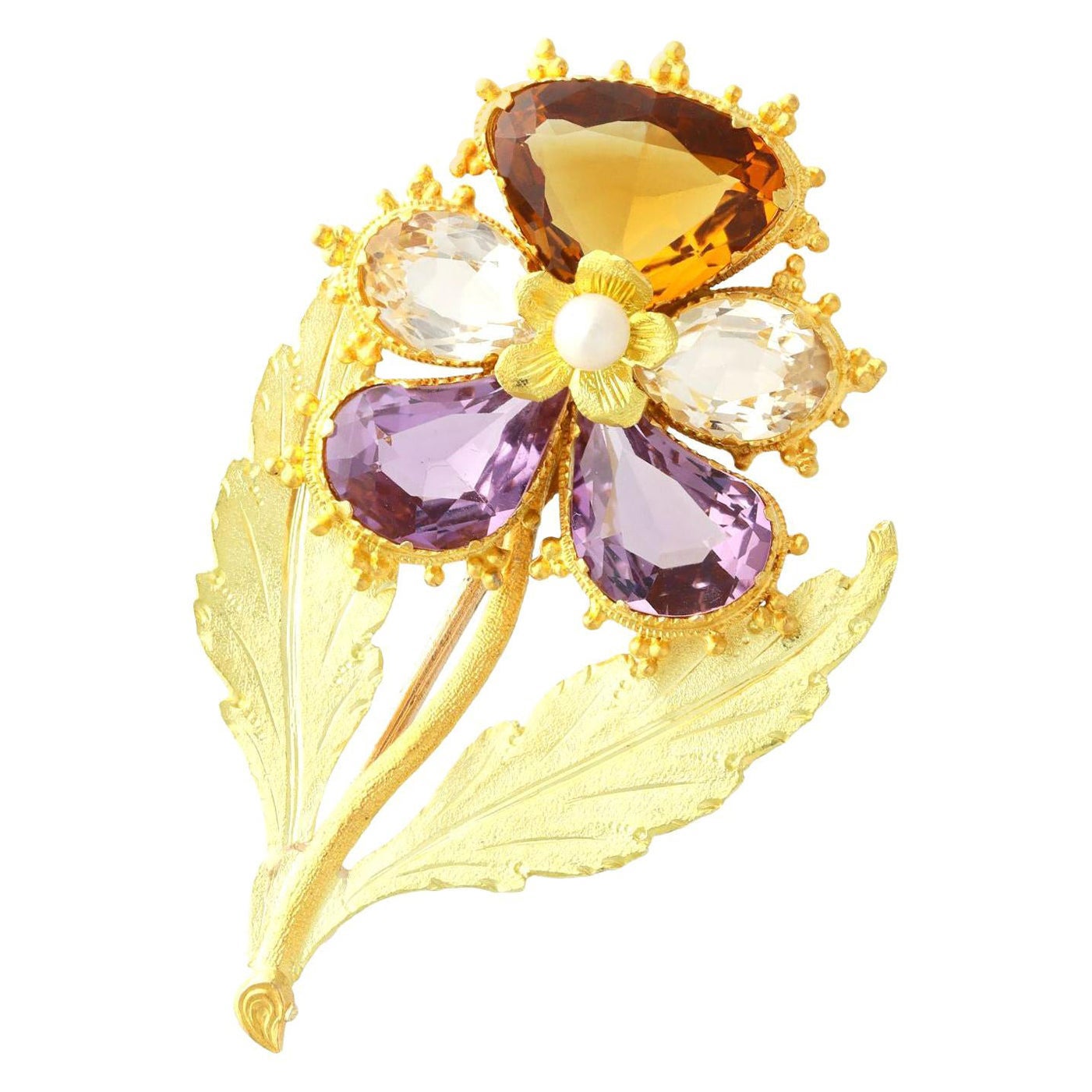 Antiguo Broche Pensamiento de Oro Amarillo con Piedras Preciosas y Perlas de 1820