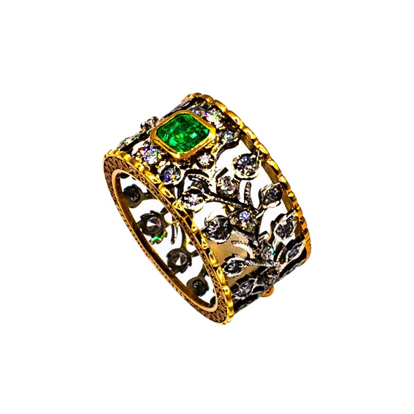 Art Deco Style White Brilliant Cut Diamond Emerald Yellow Gold Band Ring For Sale