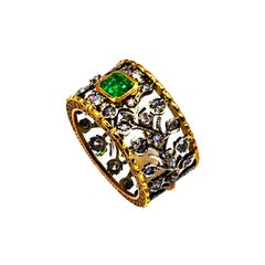 Art Deco Style White Brilliant Cut Diamond Emerald Yellow Gold Band Ring