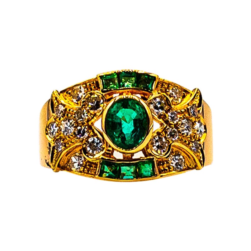 Bague cocktail en or jaune de style Art déco avec diamants blancs et émeraude de 1,56 carat