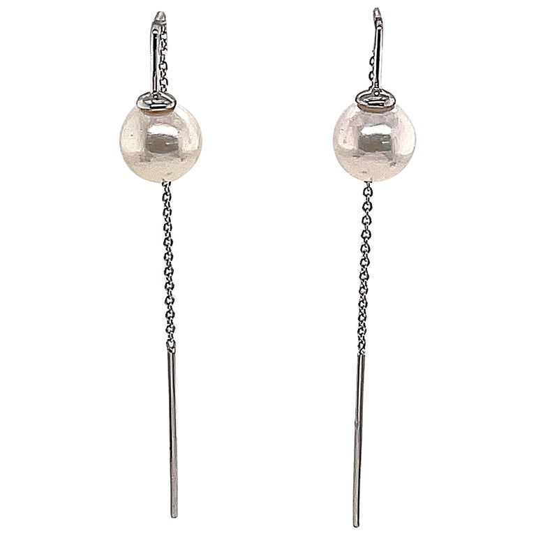 14 Karat White Gold Akoya Threader Earring For Sale at 1stDibs