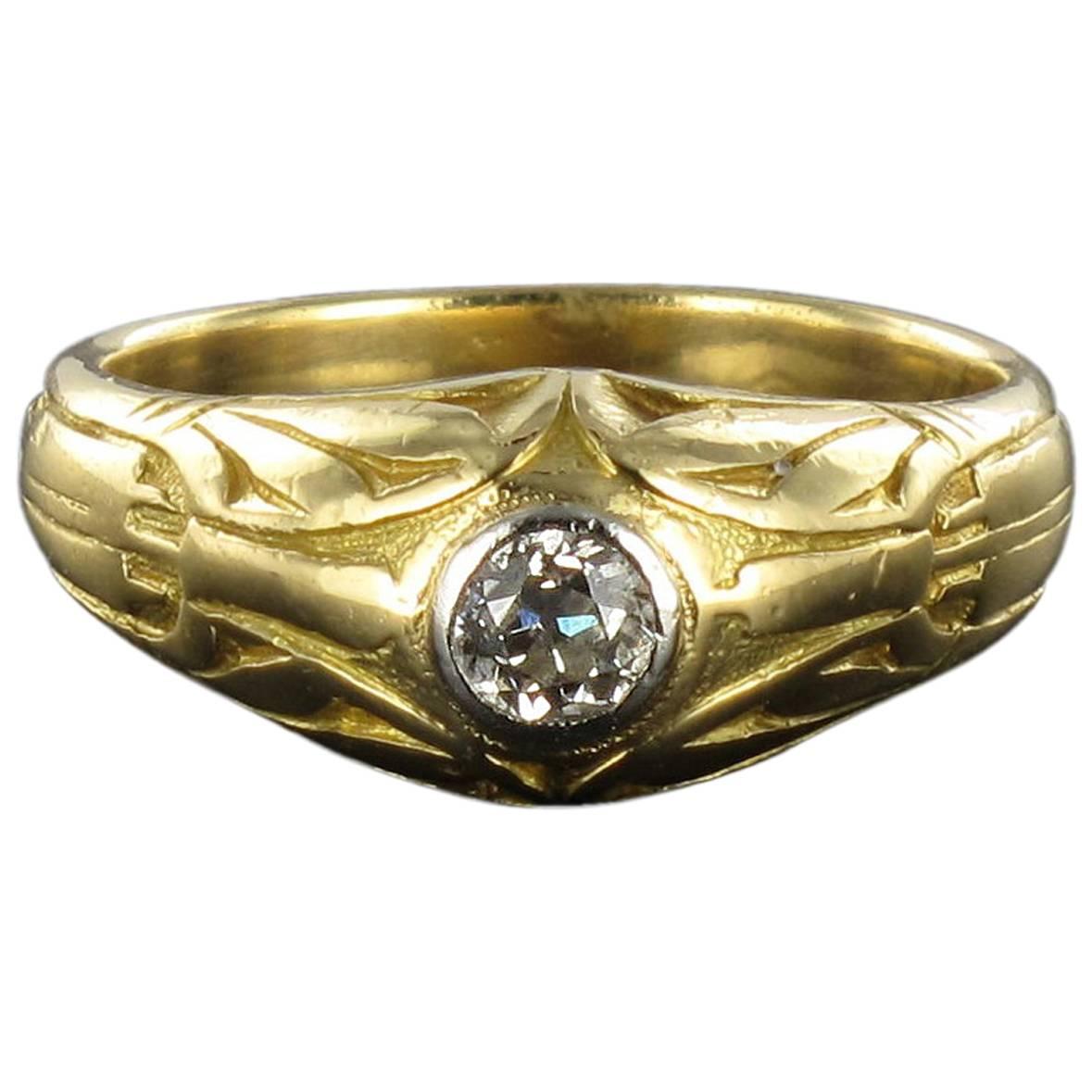 Antique Engraved Men’s Diamond Gold Signet Ring