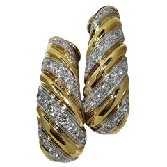 Colossal Scale Yellow and White Gold J Hoop Bombe Earrings with Diamond Strips