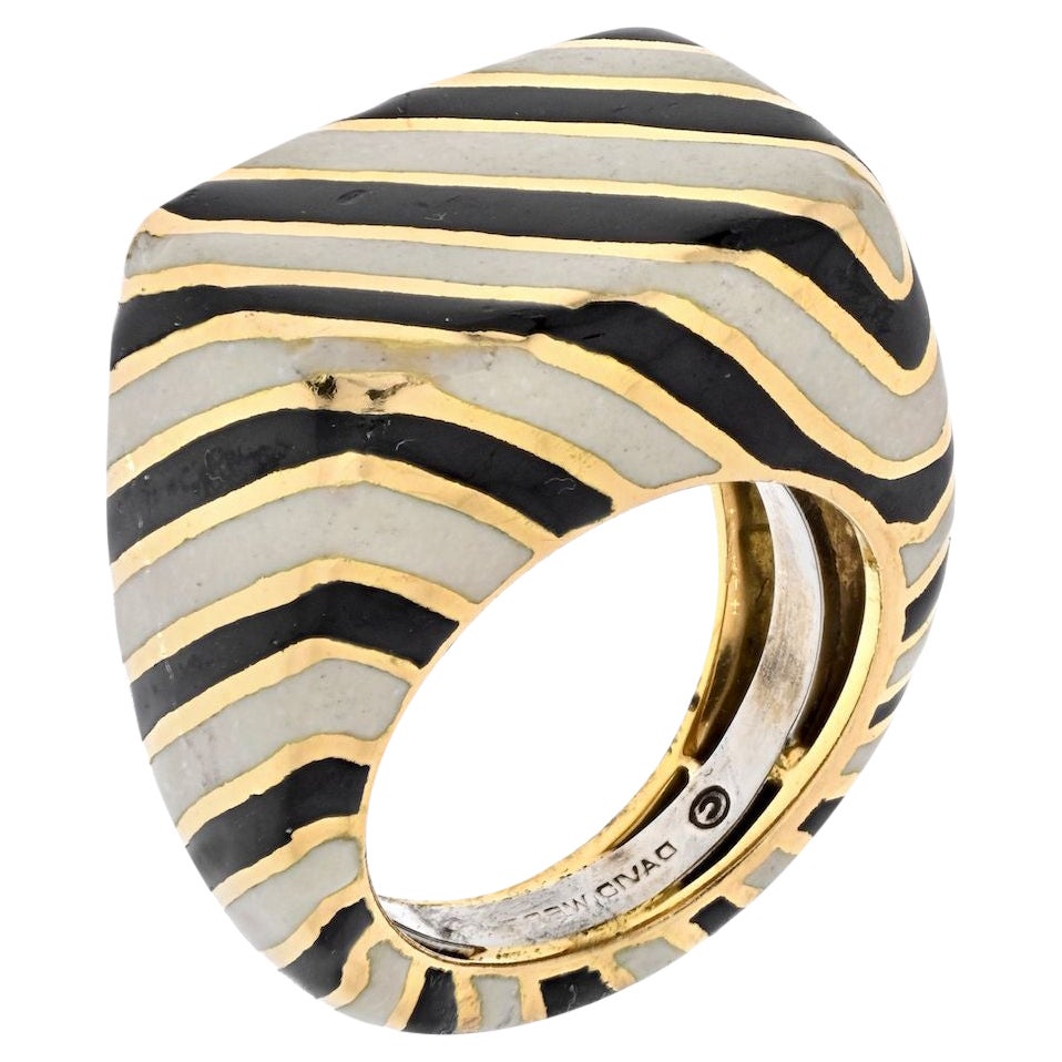 David Webb Platinum & 18K Yellow Gold Crosswalk Black and White Enamel Ring