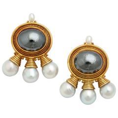1980s Elizabeth Gage Hematite Cultured Pearls Gold EarClips