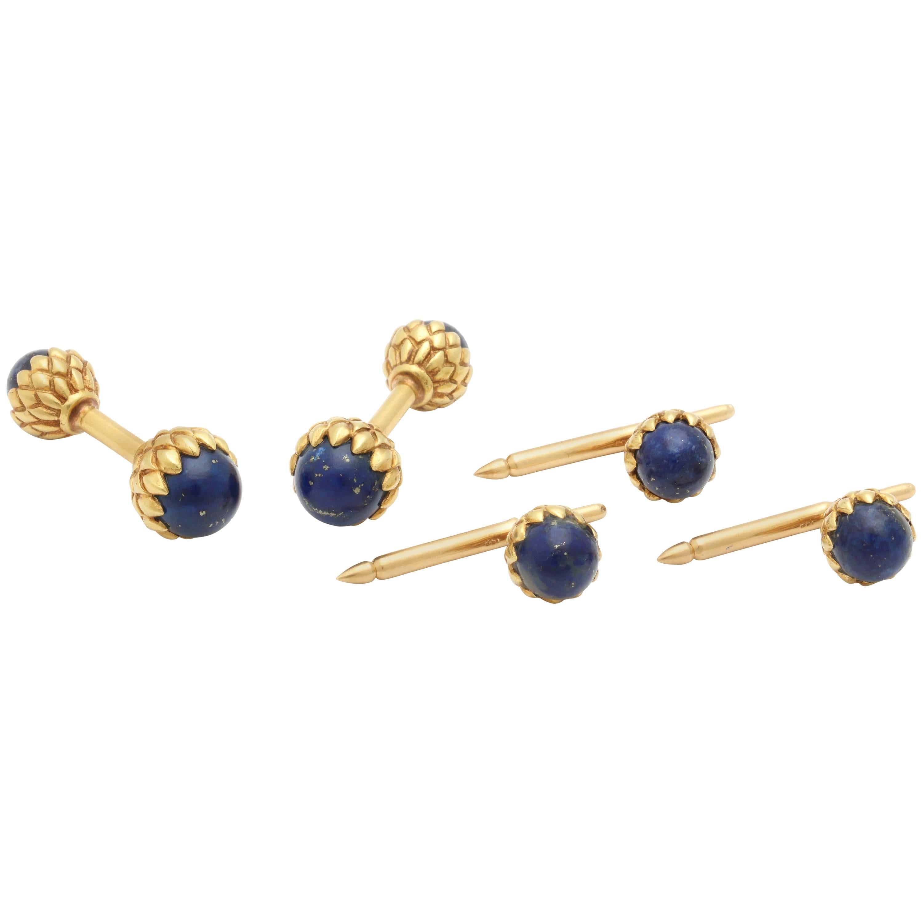 1970s Lapis Lazuli Textured Gold Double-Sided Cufflink Set With 3 Studs 