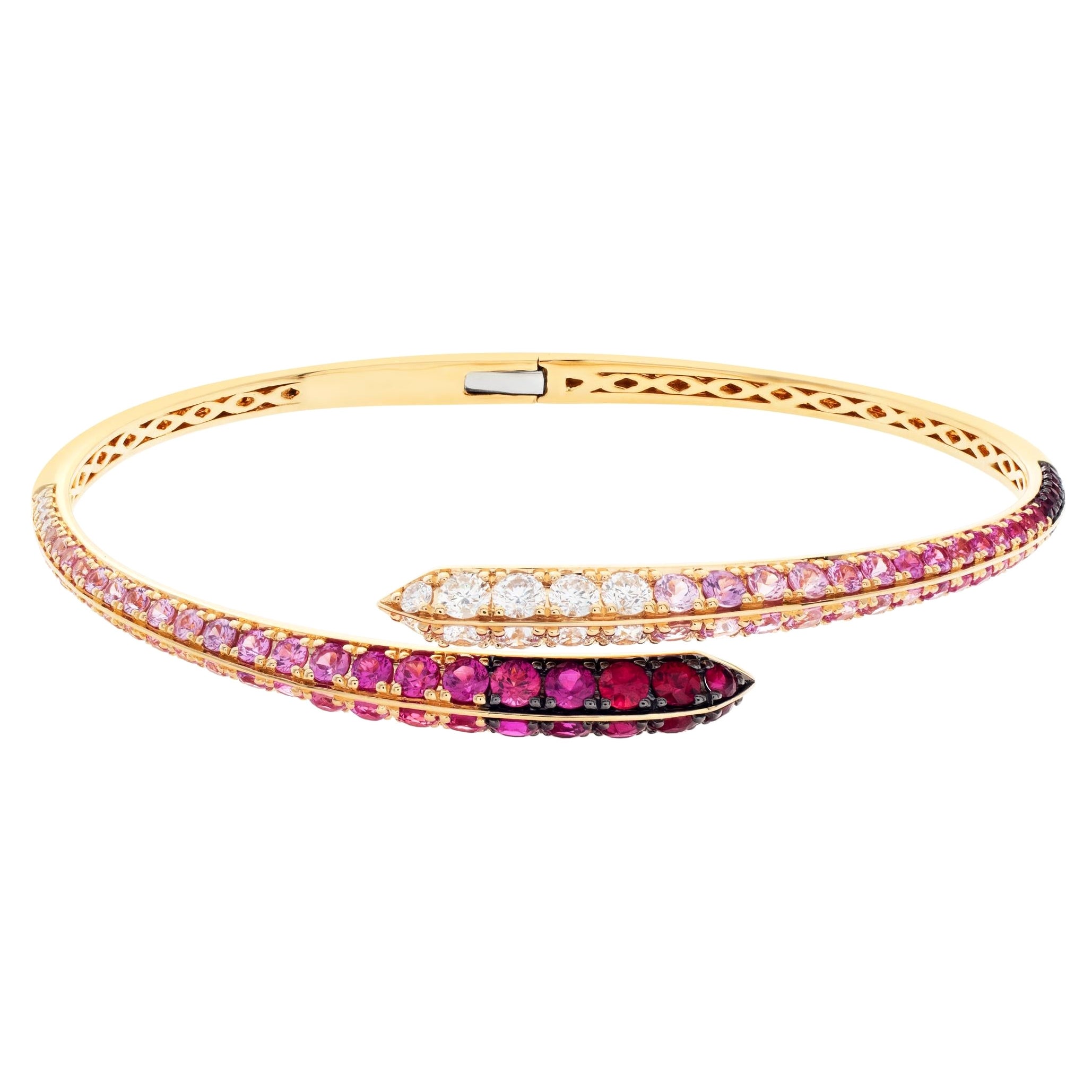 Gradient Pink Sapphires, Ruby and Diamond Hinged Bangle Set in 18k Yellow Gold