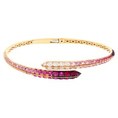 Gradient Pink Sapphires, Ruby and Diamond Hinged Bangle Set in 18k Yellow Gold