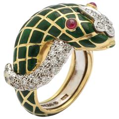 1960s David Webb Figural Snake Ring With Green Enamel and Diamonds