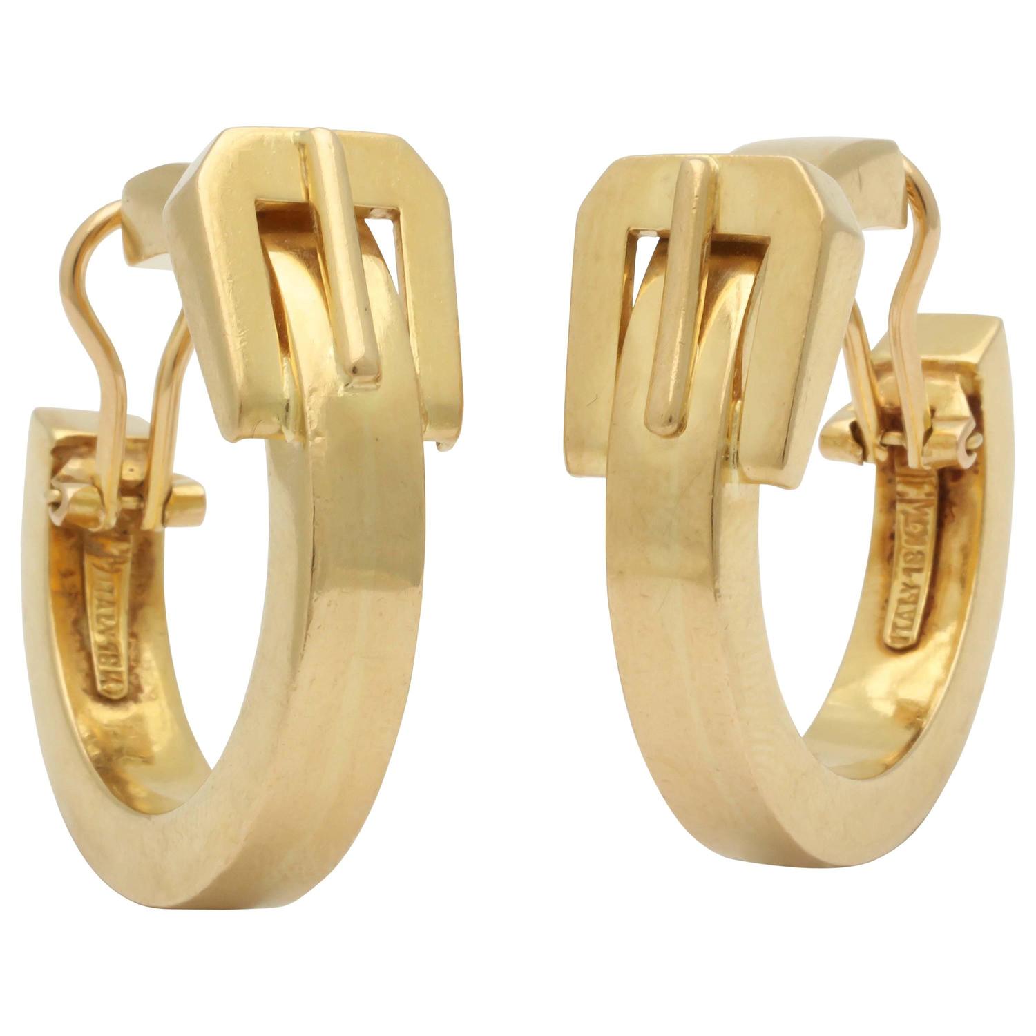 1960s Gold Belt Buckle Motif Large Clip-On Hoop Earrings at 1stdibs