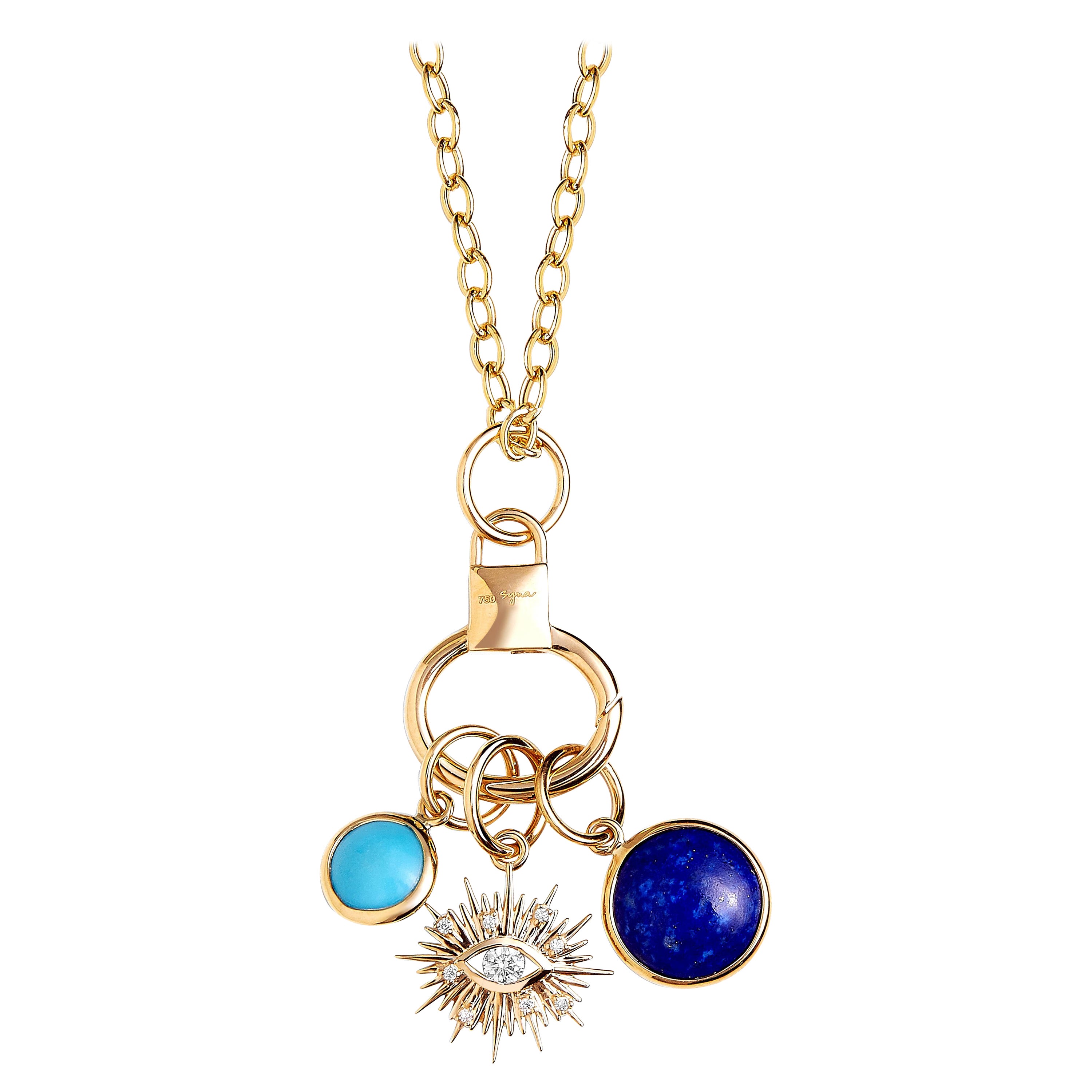 Syna Yellow Gold Three Charms with Evil Eye, Gemstones and Diamonds For Sale