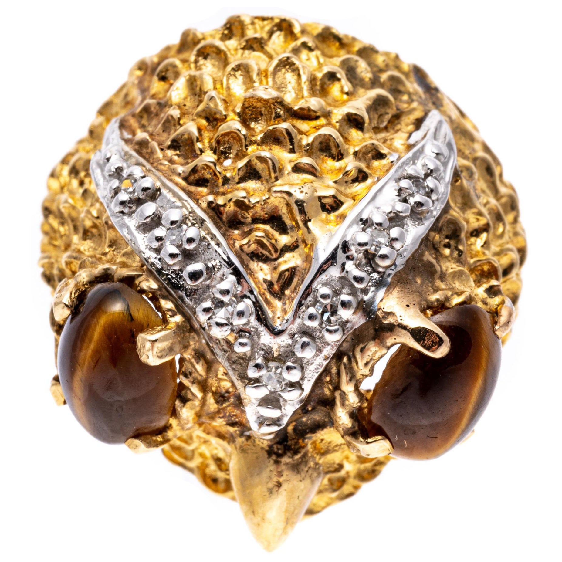 14k Textured Owl Head Ring With Diamonds, Size 7.25 For Sale