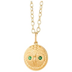 Syna Yellow Gold Owl Charm Pendant with Tsavorites