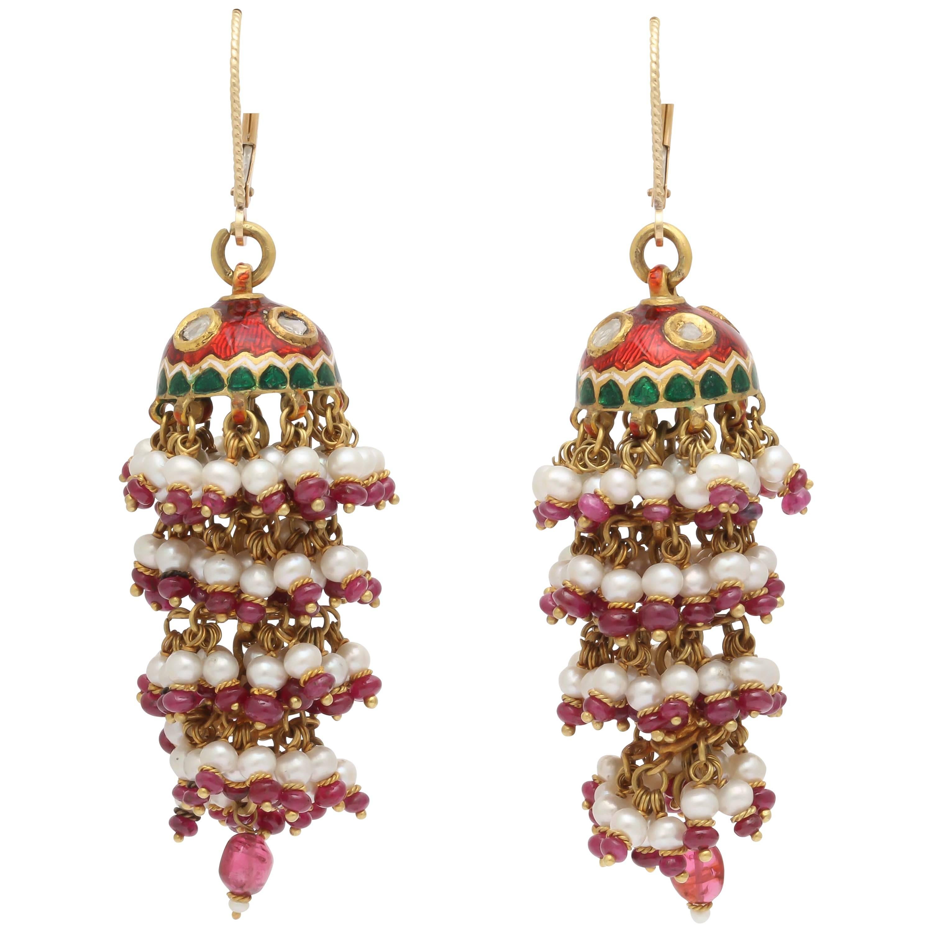 Exotic Enamel and Ruby Indian Tassle Earrings For Sale